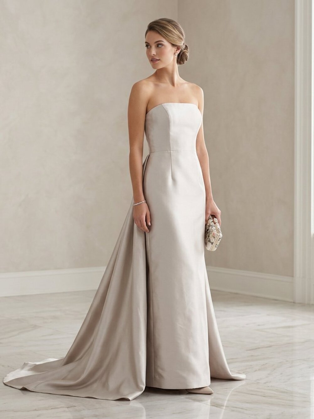Alfred Sung D876 Strapless Satin Column Gown Removable Watteau Train NWT